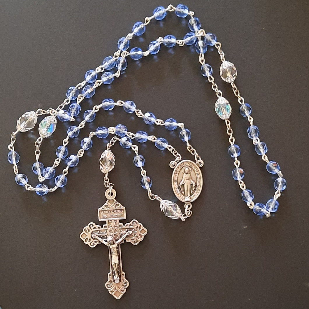 Our Lady of Peace blue czech glass Rosary