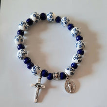 Blue ceramic flower stretch Rosary bracelet