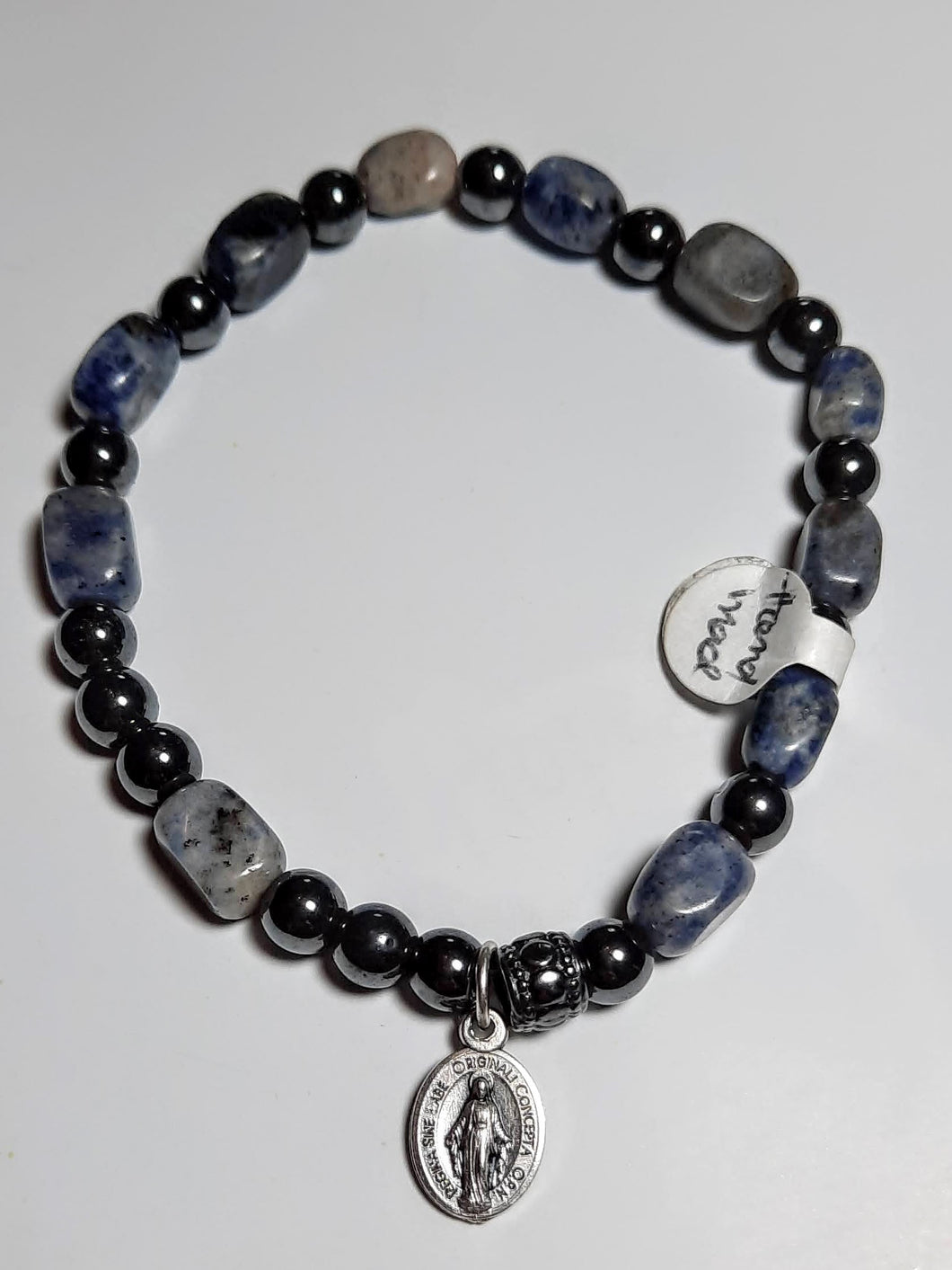Blue sodalite nugget and hematite stretch Rosary bracelet