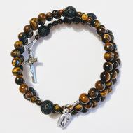Natural Tiger Eye Rosary Bracelet Wrap with Lava Bead Our Father and St. Benedict Crucifix