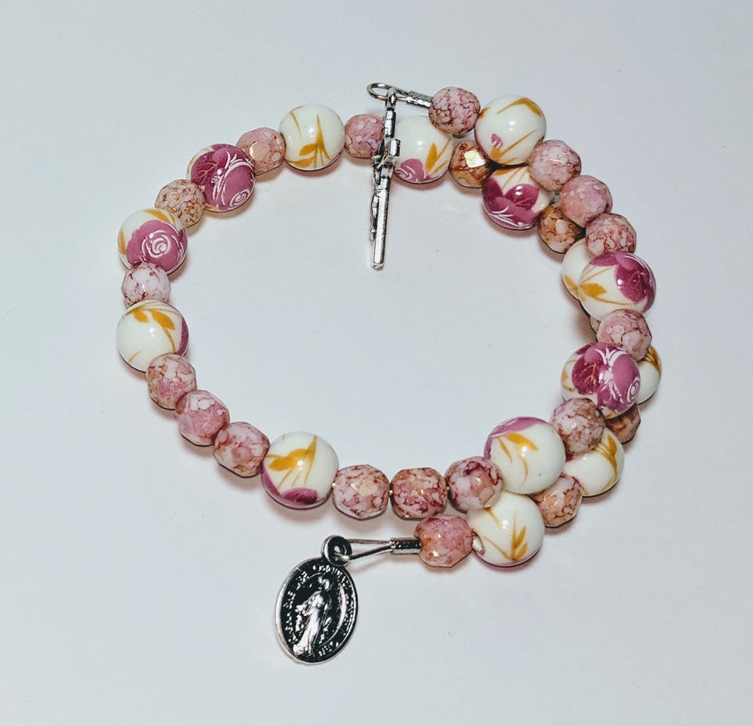 Ceramic Pink Rose Single Decade Rosary Bracelet with St Benedict Crucifix