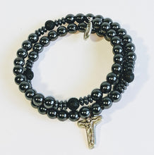 "Resolve of Steel" Hematite Rosary Bracelet Wrap with lava beads